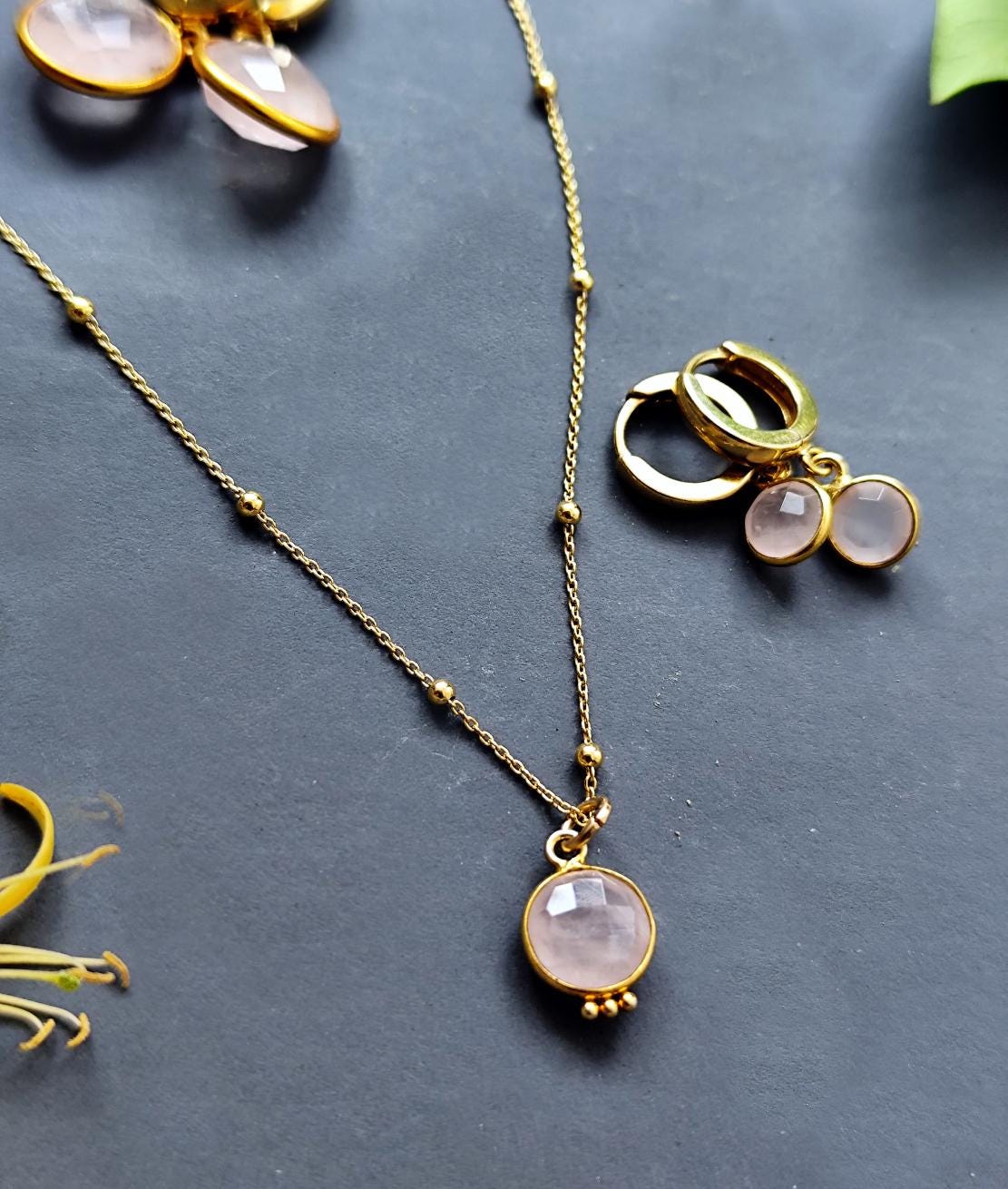 Rose Quartz Charm Gold Plated Hoop Earrings