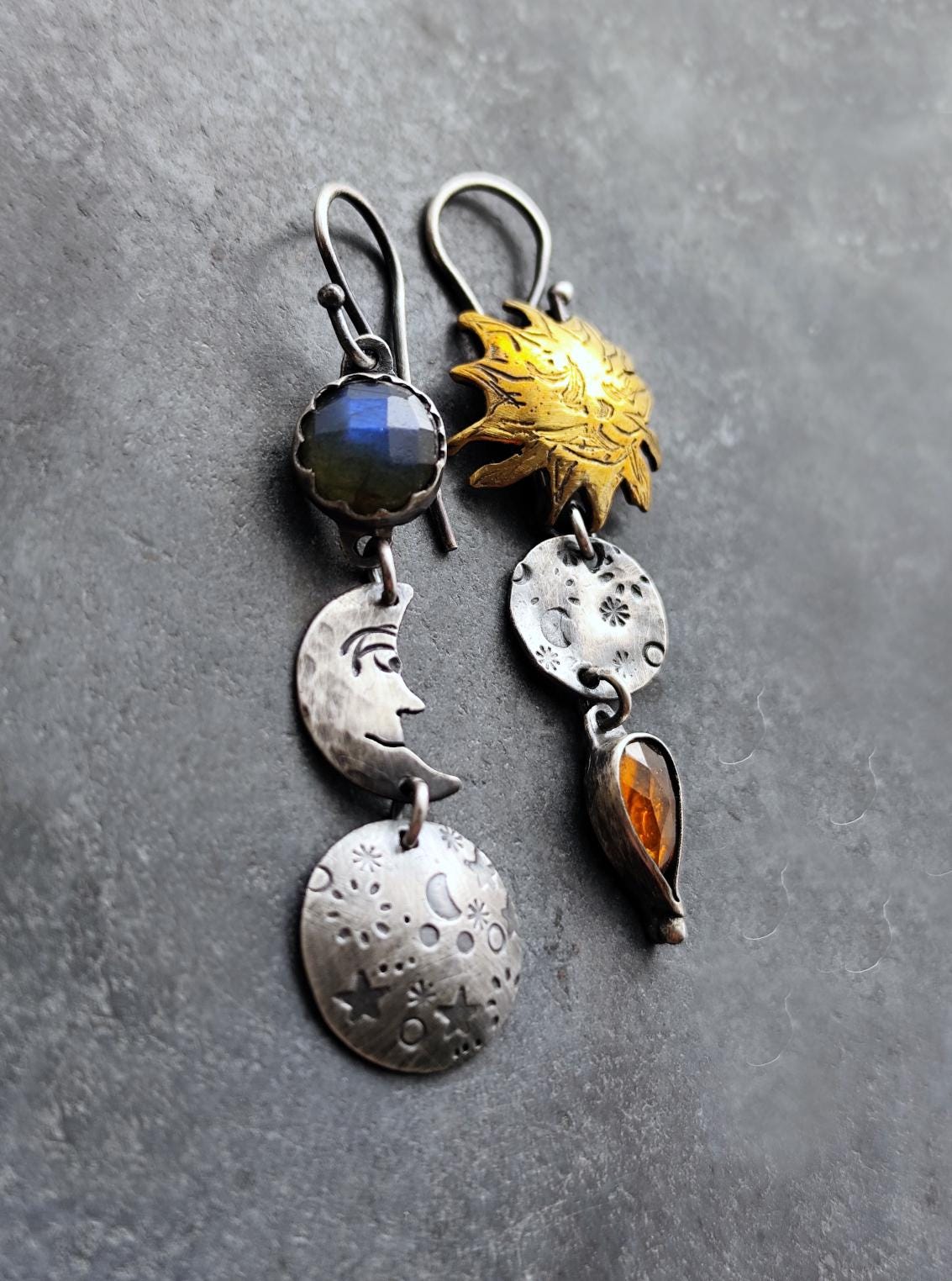 Moon and Sun Earrings with Orange Kyanite and Flashy Blue Labradorite
