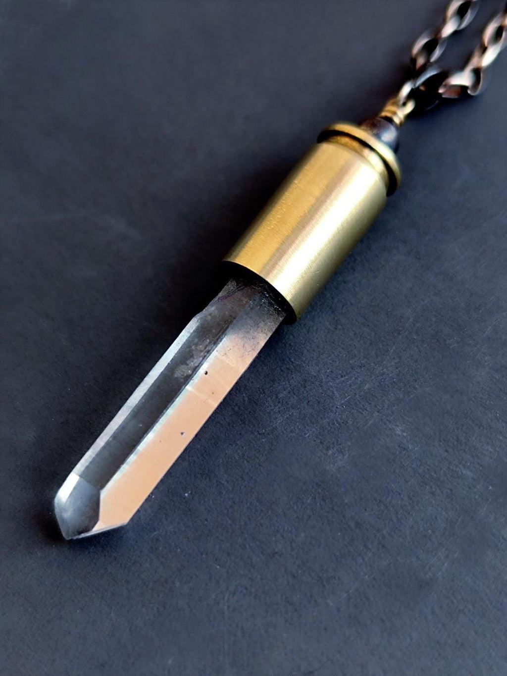 Natural Crystal Quartz Point Bullet Casing Pendant Necklace with Sturdy Silver Chain