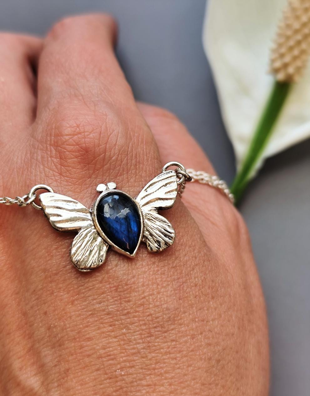 Butterfly Silver Necklace with Blue Fire Labradorite - Thoughts on Freedom Vol. II