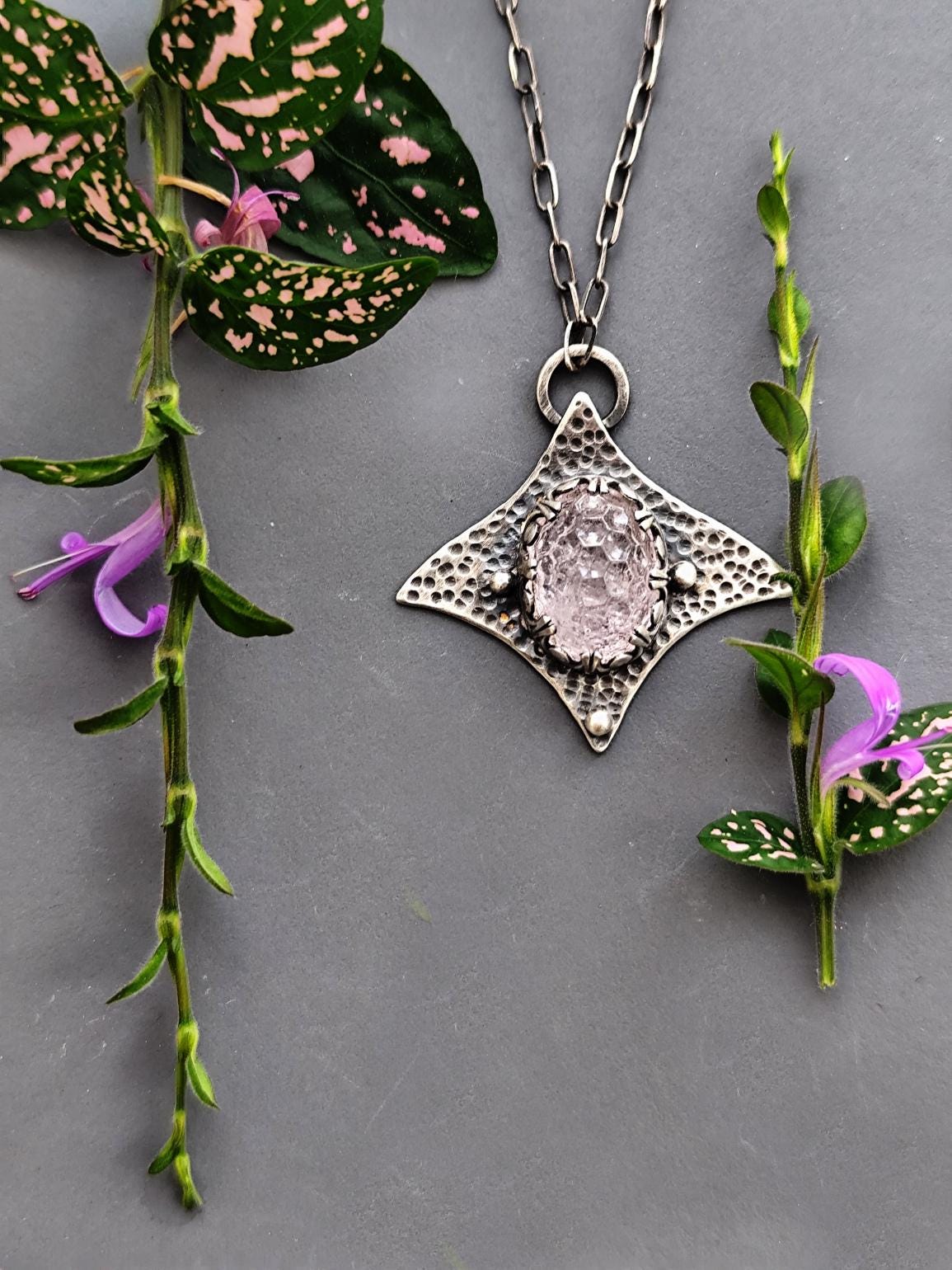 Carved Rose Quartz Statement Necklace in Textured Silver, Light Pink Gemstone Necklace, Silver Manta Necklace Genuine