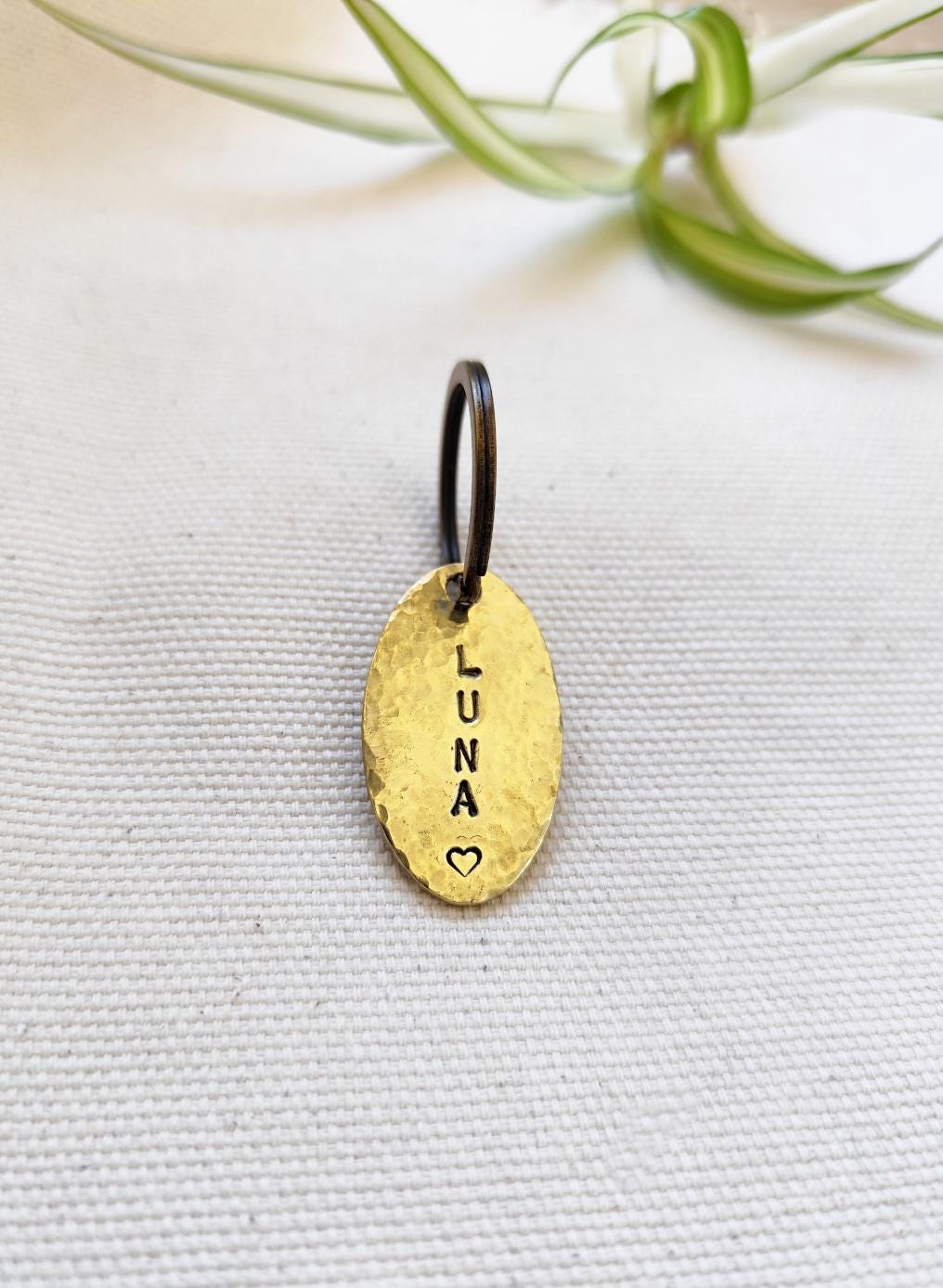 Hammered Texture Brass Oval ID Tag - Personalized Pet Tag / Key-ring Detail