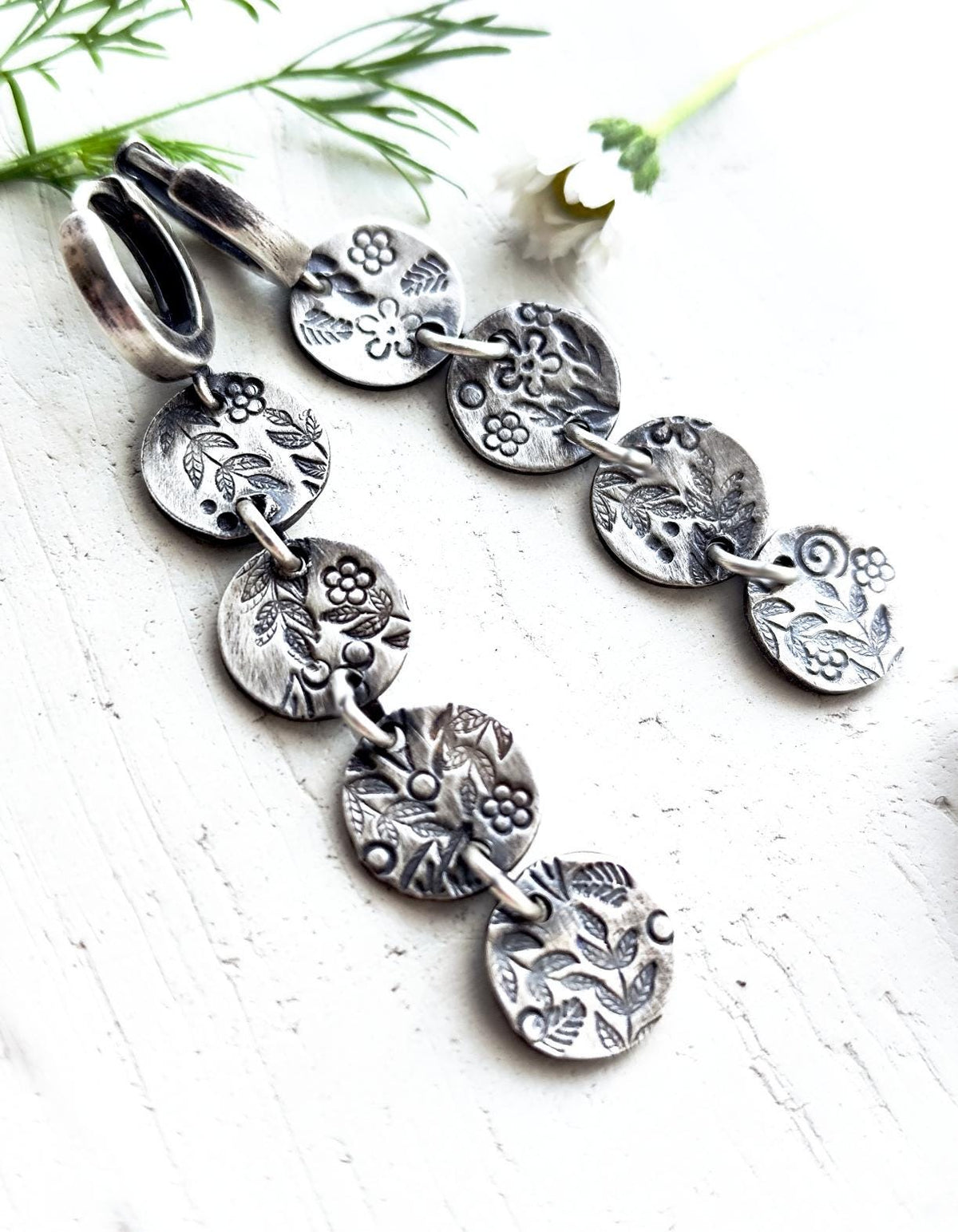 Textured Floral Detail Hoop Earrings with Stamped Coins