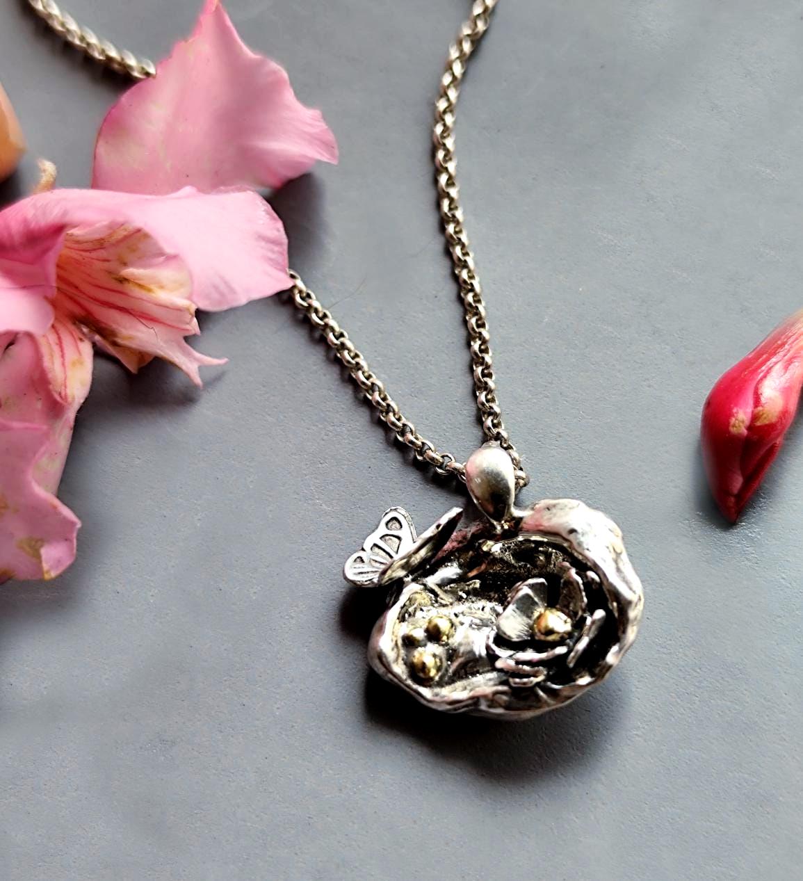 Water Cast Silver Pendant with Butterfly and Flower Cave, Unique Silver Amulet, Organic Pendant Necklace in Sterling Silver, Gift for Her