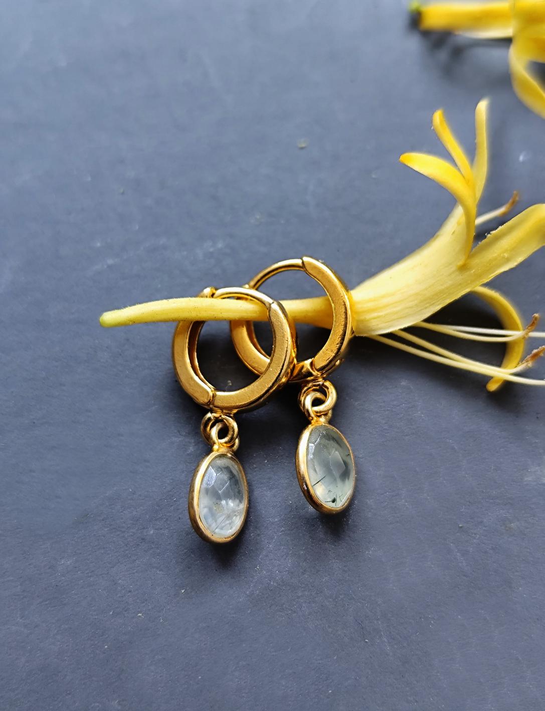 Tiny Golden Prehnite Hoops, Gold Plated Sterling Earrings Light Green Gemstone Charm, Huggies with Prehnite, Prom Earrings, Gold Huggies