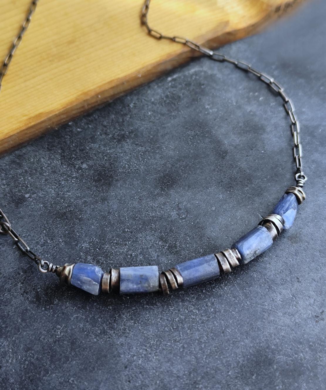 Rough Blue Kyanite Silver .925 Chain Necklace - Oxidized Sterling Silver Artisan Handcrafted Jewellery with Natural Denim Gemstone Choker