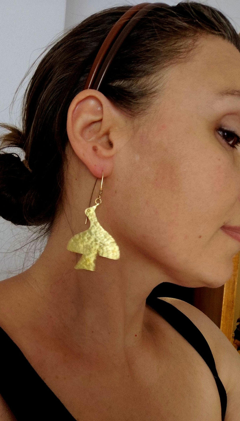 Rustic Bird Earrings in Pure Brass / Copper / Silver with Hammered Texture