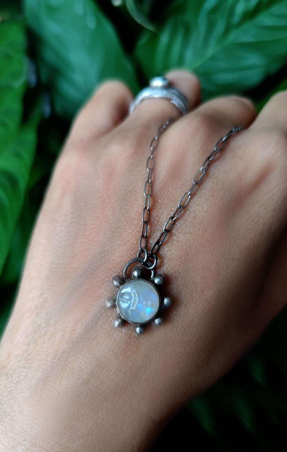 Small Moonstone Face Pendant Silver Amulet Necklace
