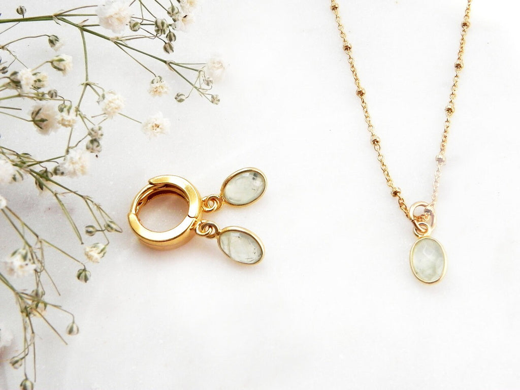 Tiny Golden Prehnite Hoops, Gold Plated Sterling Earrings Light Green Gemstone Charm, Huggies with Prehnite, Prom Earrings, Gold Huggies