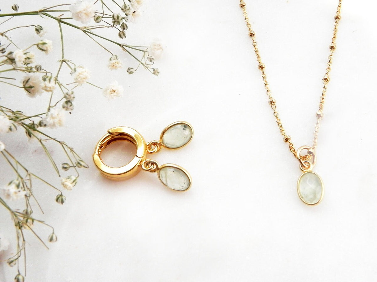 Tiny Golden Prehnite Hoops, Gold Plated Sterling Earrings Light Green Gemstone Charm, Huggies with Prehnite, Prom Earrings, Gold Huggies