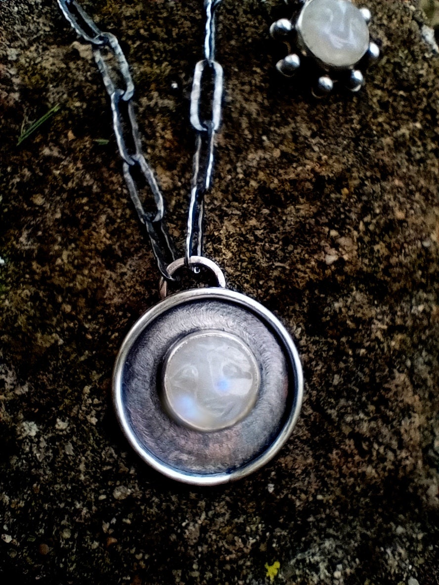 Silver Pendant with Moonstone Face and Handcrafted Chain