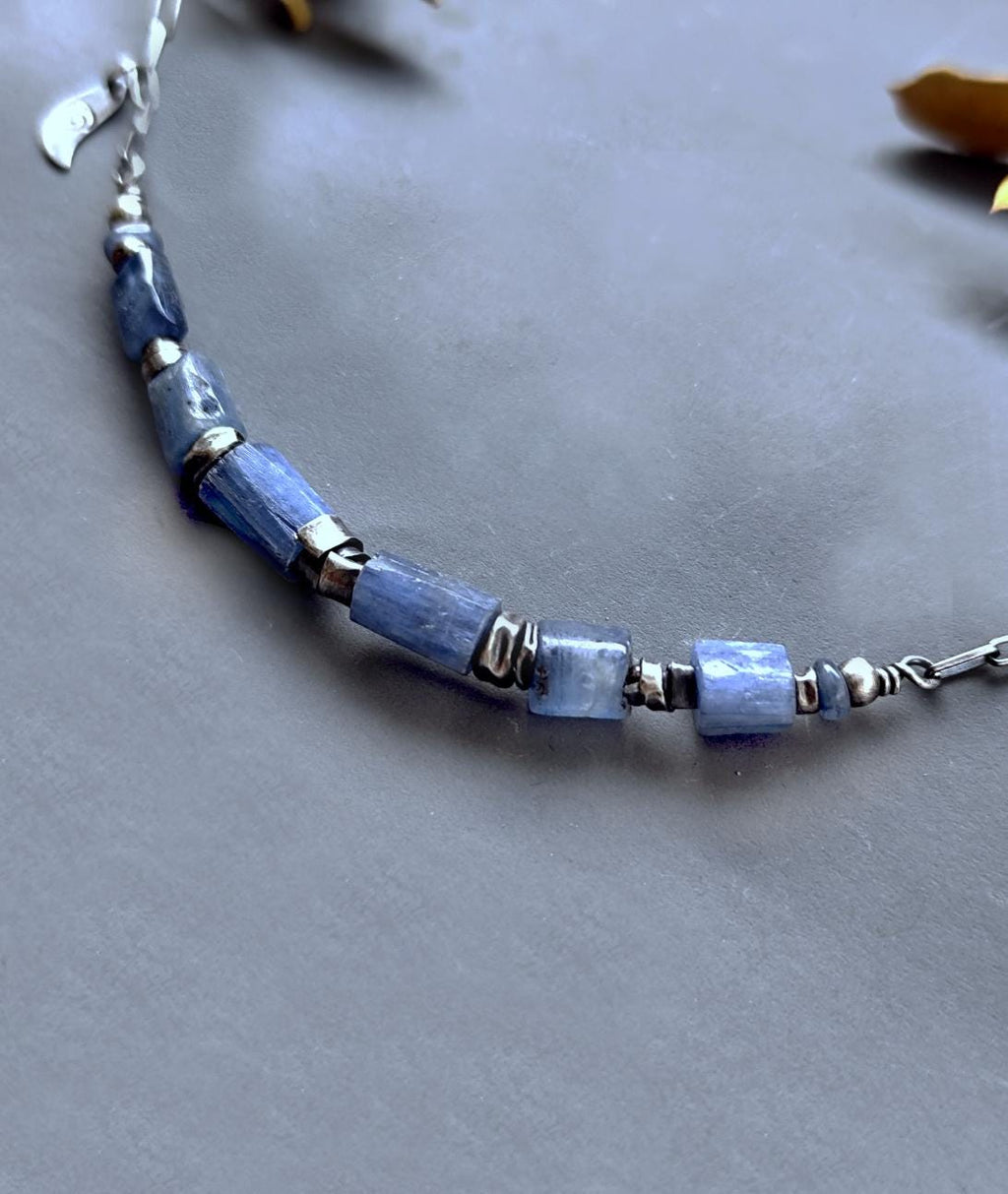 Artisan Raw Silver Necklace with Blue Kyanite, Oxidized Sterling Silver Jewellery, Chain Necklace with Kyanite Bar, Denim Blue Necklace 925