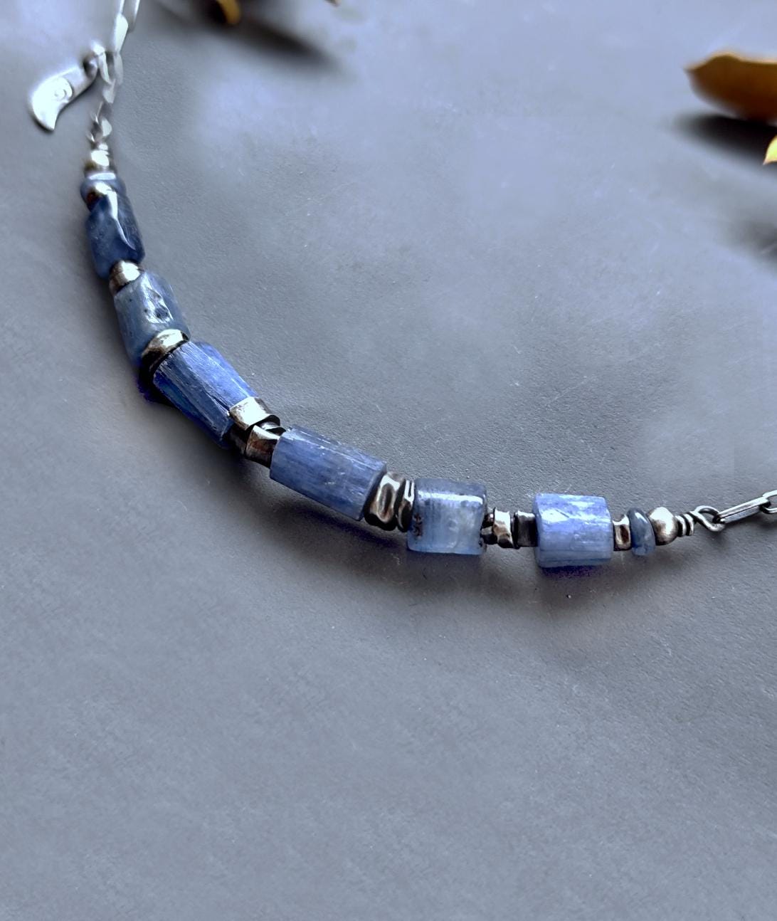 Artisan Raw Silver Necklace with Blue Kyanite, Oxidized Sterling Silver Jewellery, Chain Necklace with Kyanite Bar, Denim Blue Necklace 925