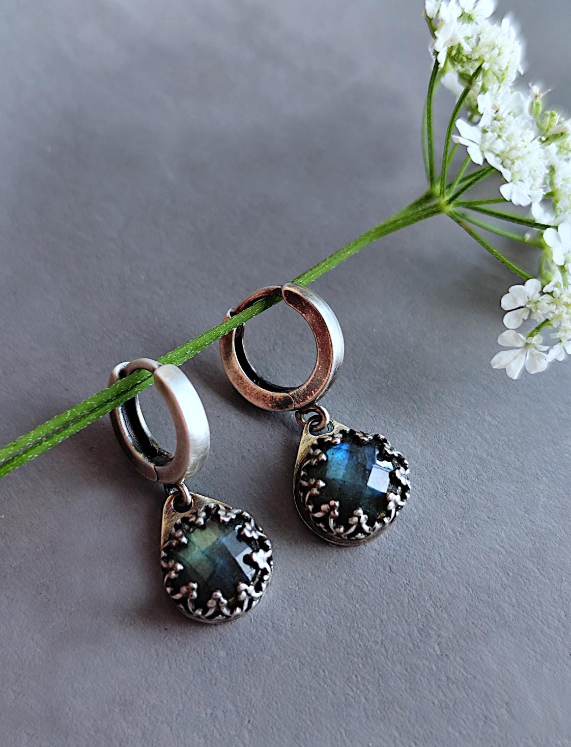 Silver Lace Bezel Labradorite Blue Moon Hoop Earrings