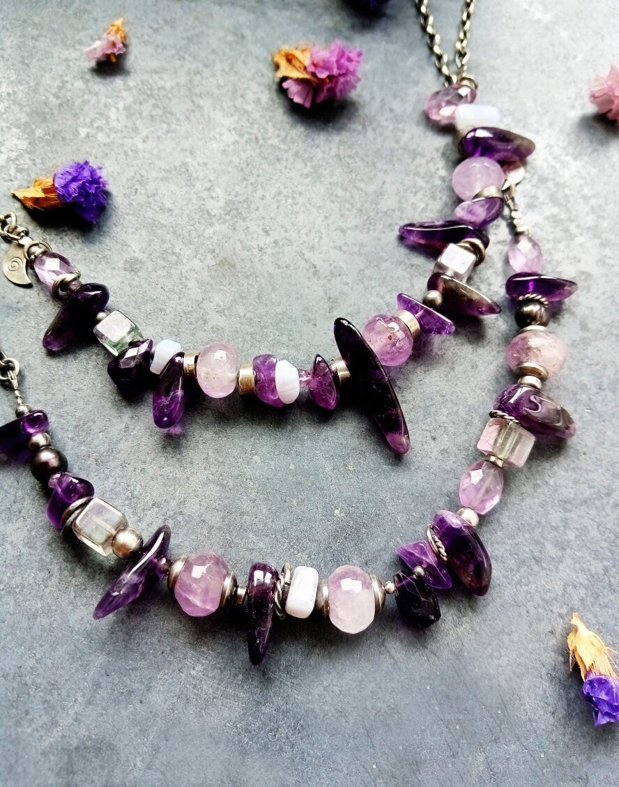 Silver Amethyst and Fluorite Bar Necklace with Oxidized Silver Chain - Vol. II