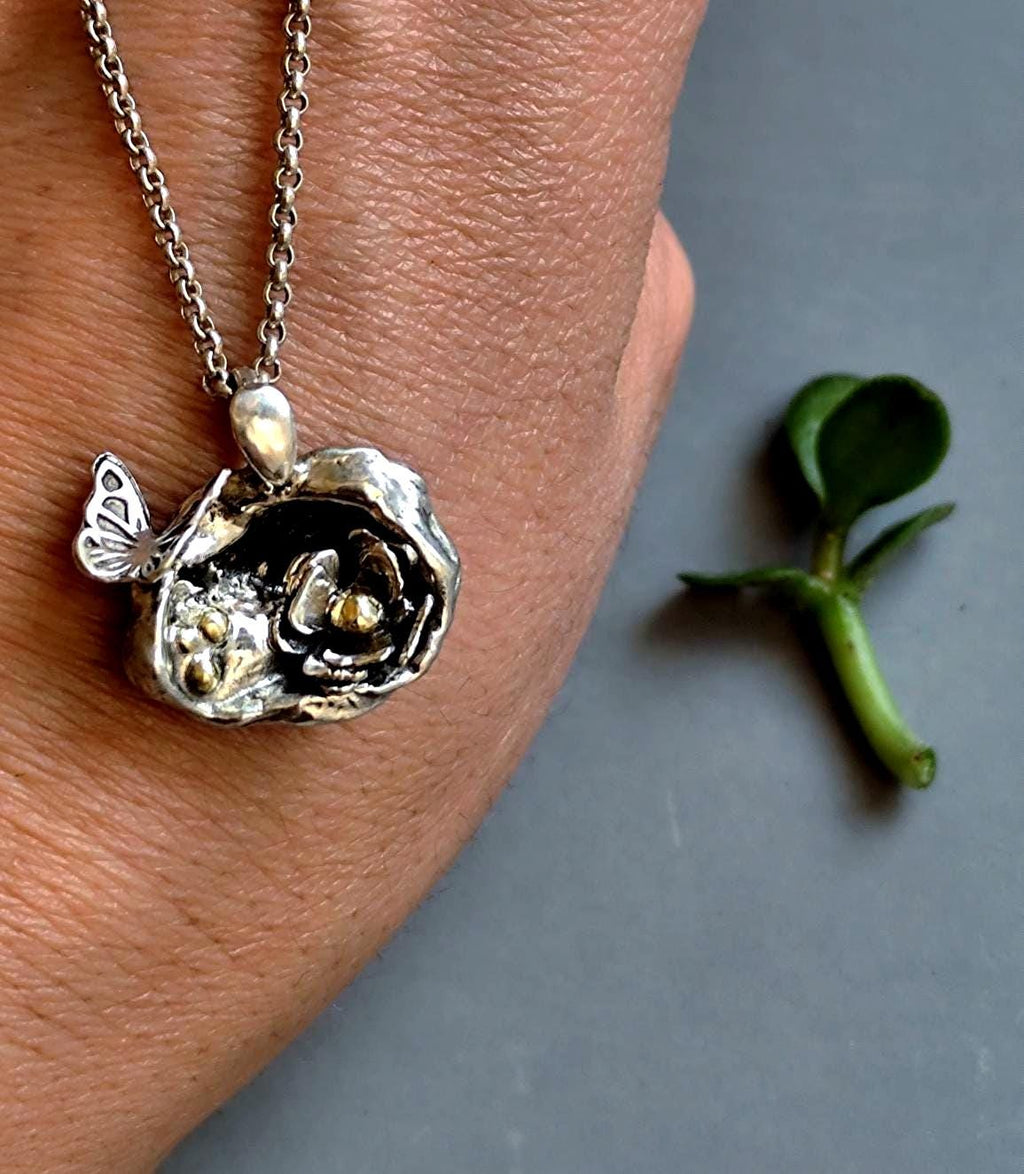 Water Cast Silver Pendant with Butterfly and Flower Cave, Unique Silver Amulet, Organic Pendant Necklace in Sterling Silver, Gift for Her