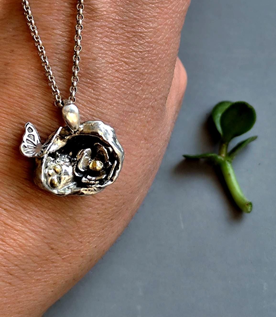 Water Cast Silver Pendant with Butterfly and Flower Cave, Unique Silver Amulet, Organic Pendant Necklace in Sterling Silver, Gift for Her