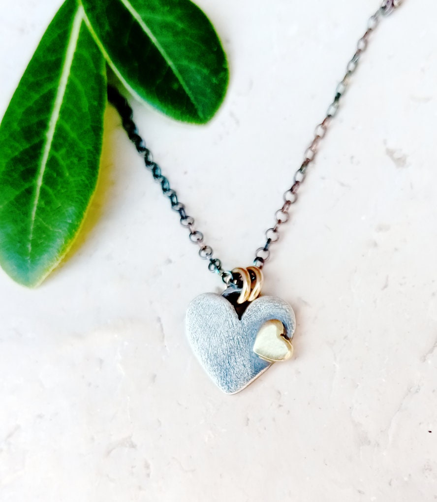 Heart Pendant - Two Hearts United - Artisan Sterling Silver & Brass Necklace in Antiqued Silver