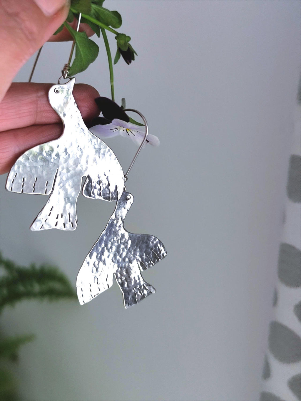 Rustic Bird Earrings in Pure Brass / Copper / Silver with Hammered Texture