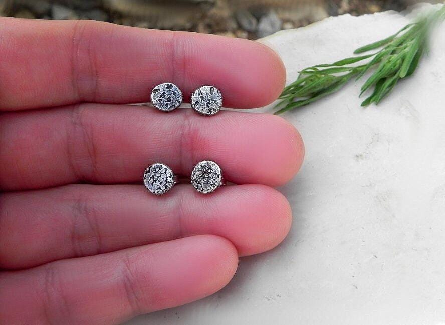 Handmade Minimalist Earrings with Various Textures Raw Silver