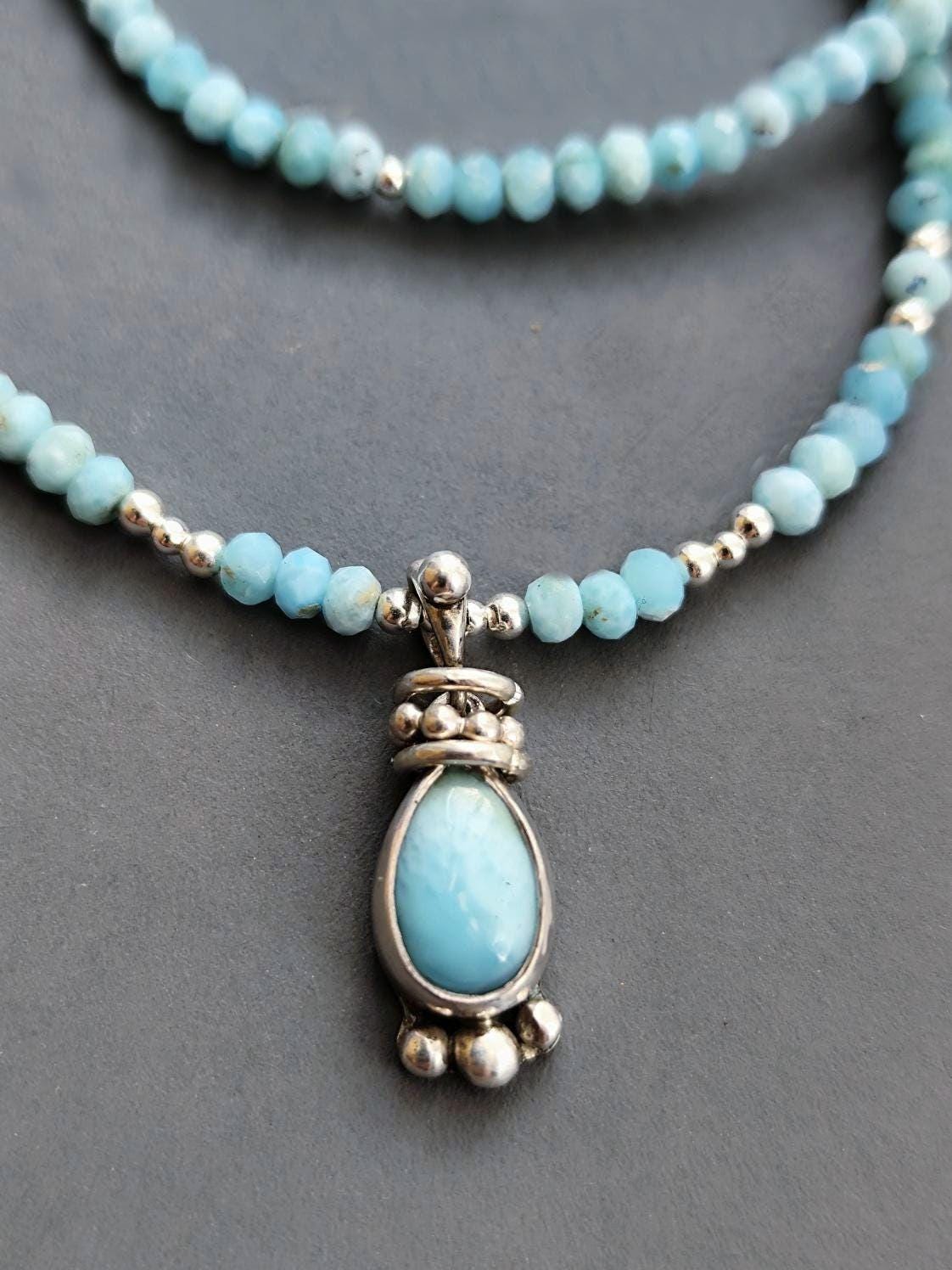 Blue Lagoon Larimar Beaded Necklace with Drop Pendant in Silver