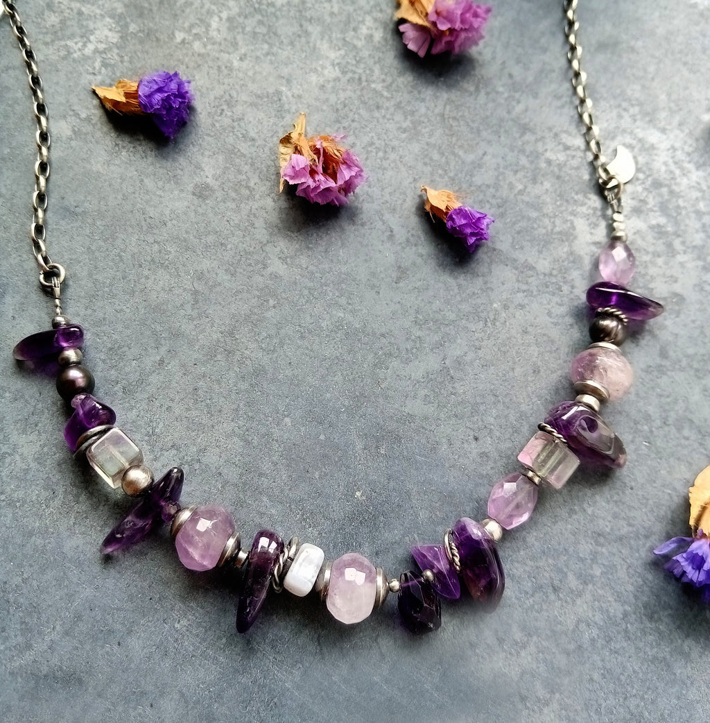 Purple Rain - Amethyst & Fluorite Necklace with Silver Chain - Vol. I