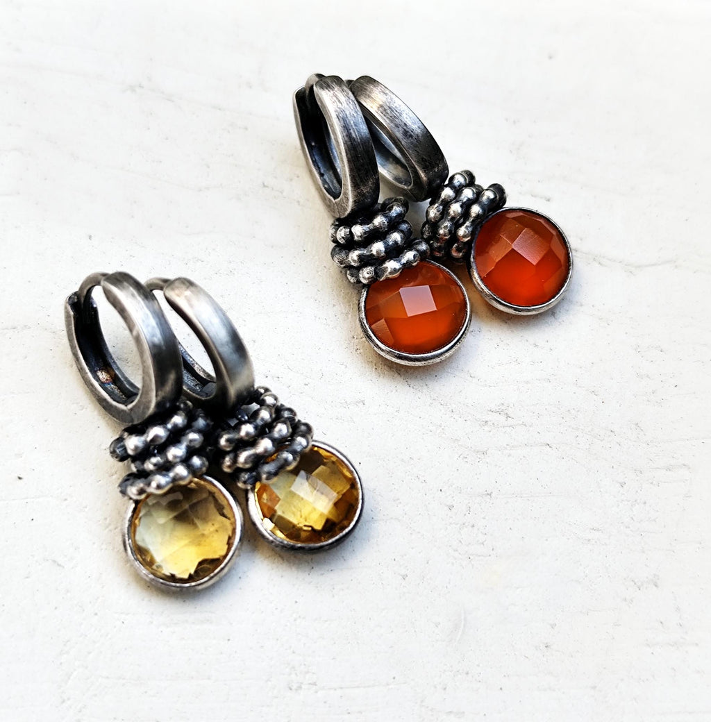 Citrine Hoop Earrings Silver, Small Yellow Charm Earrings