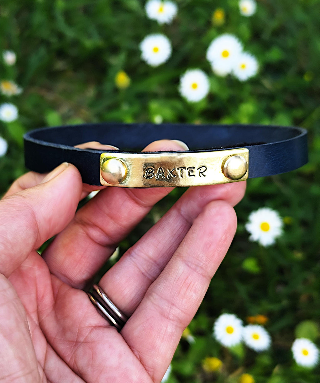 Personalized Leather Dog House Collar with Brass ID Nameplate Slim 10mm Indoor Pet Non-Adjustable Red/Black/Mustard Collar