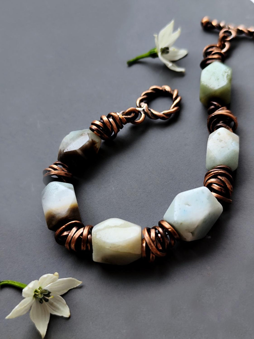 Chunky Amazonite Bracelet Wire Wrapped Rustic Copper Details