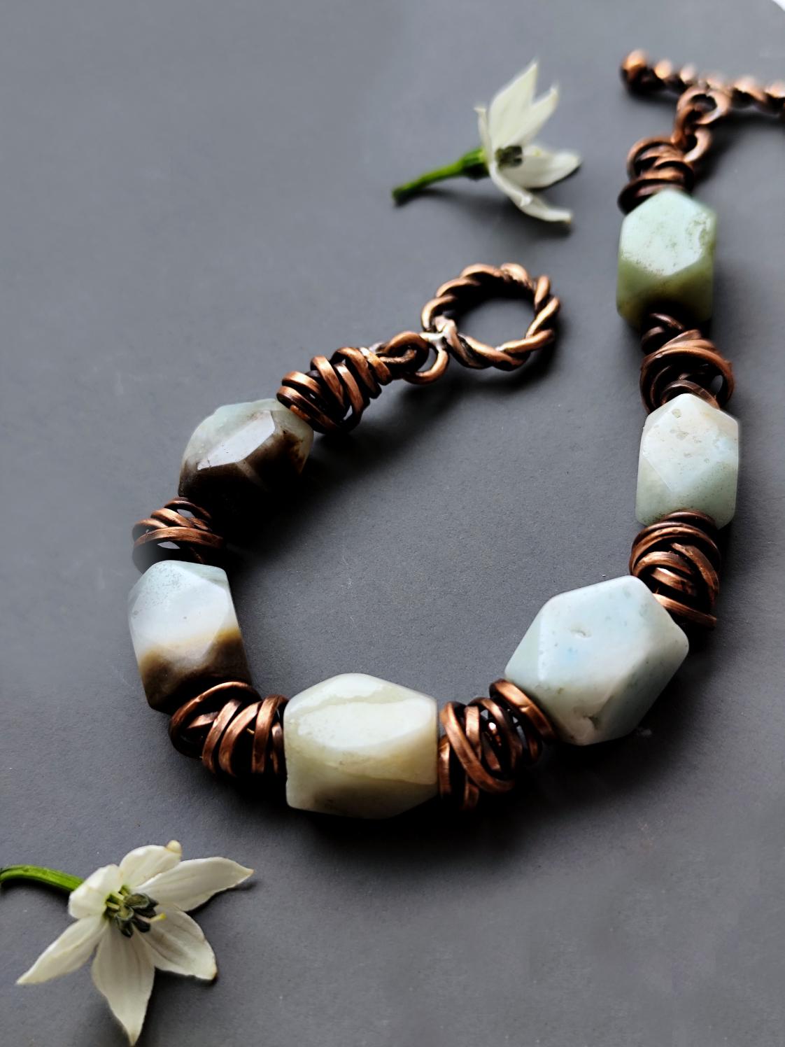Chunky Amazonite Bracelet Wire Wrapped Rustic Copper Details