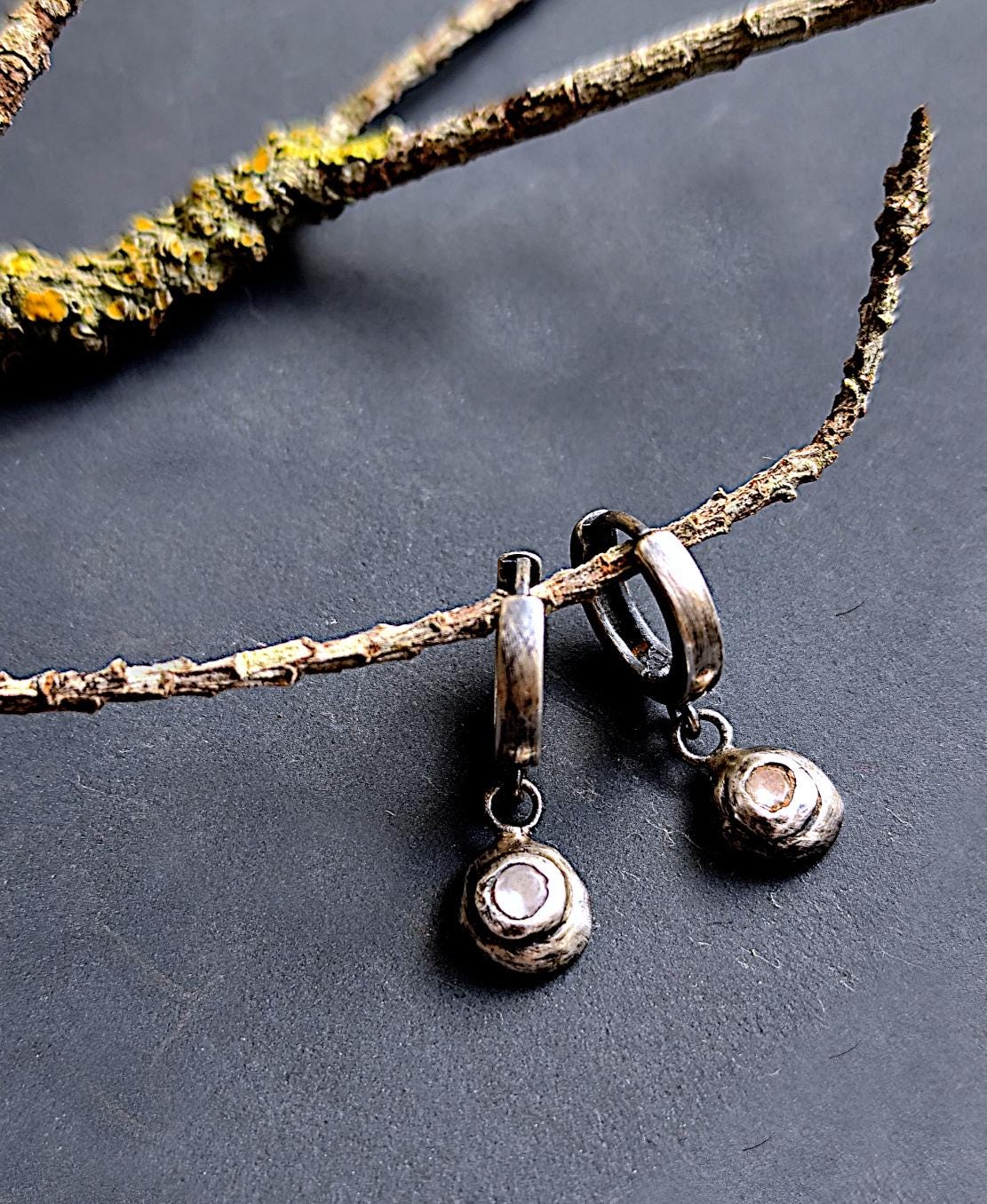 Small Rustic Hoop Earrings with Melted Silver Charm with Clear Zircon