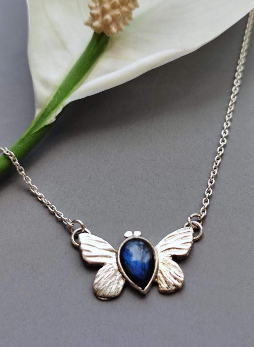 Butterfly Silver Necklace with Blue Fire Labradorite - Thoughts on Freedom Vol. II