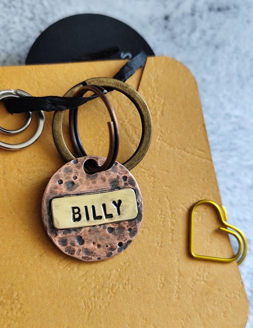 25mm Rustic Hammered Copper & Brass ID Tag/Key-ring - Hand-stamped Custom Round Tag