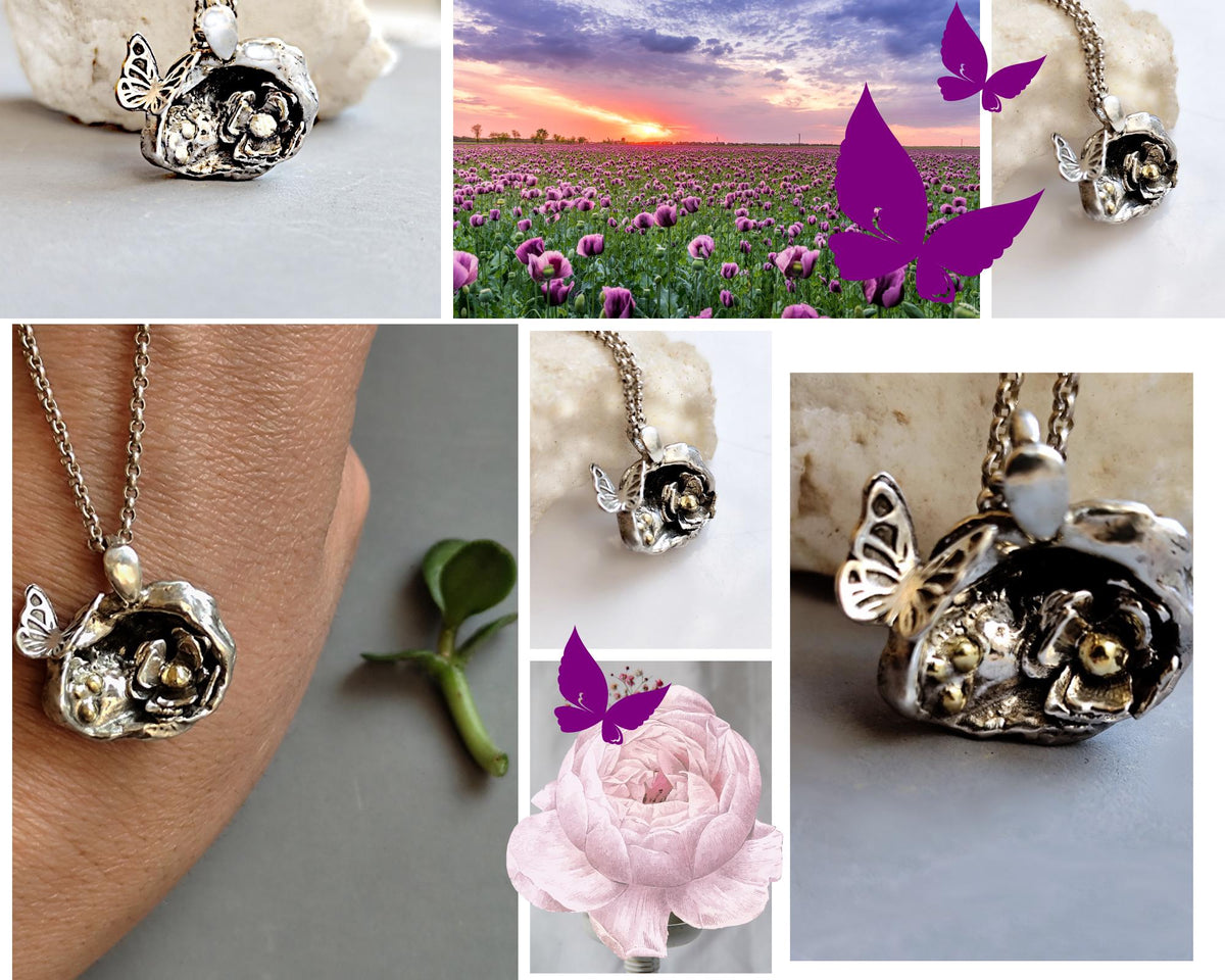 Water Cast Silver Pendant with Butterfly and Flower Cave, Unique Silver Amulet, Organic Pendant Necklace in Sterling Silver, Gift for Her