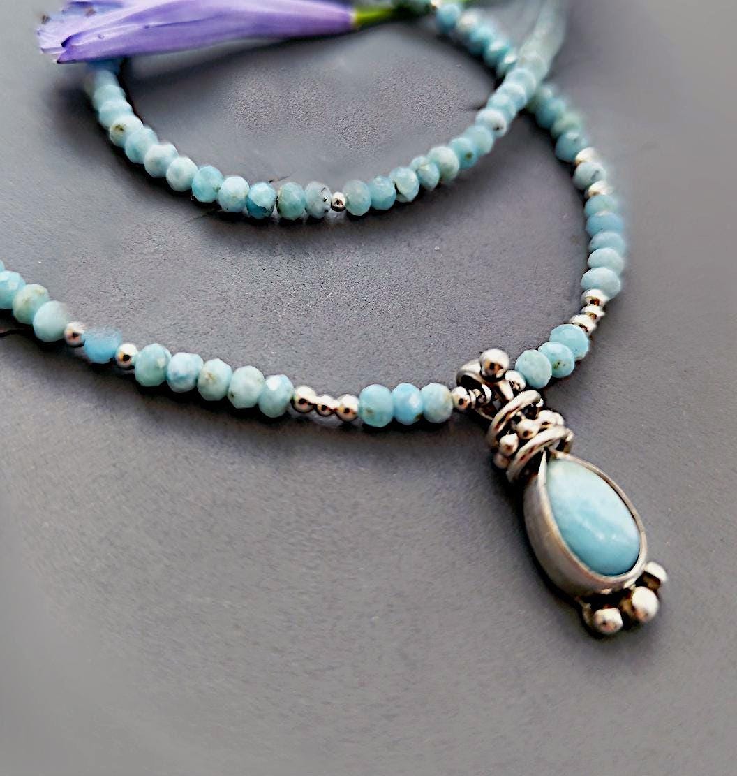 Blue Lagoon Larimar Beaded Necklace with Drop Pendant in Silver
