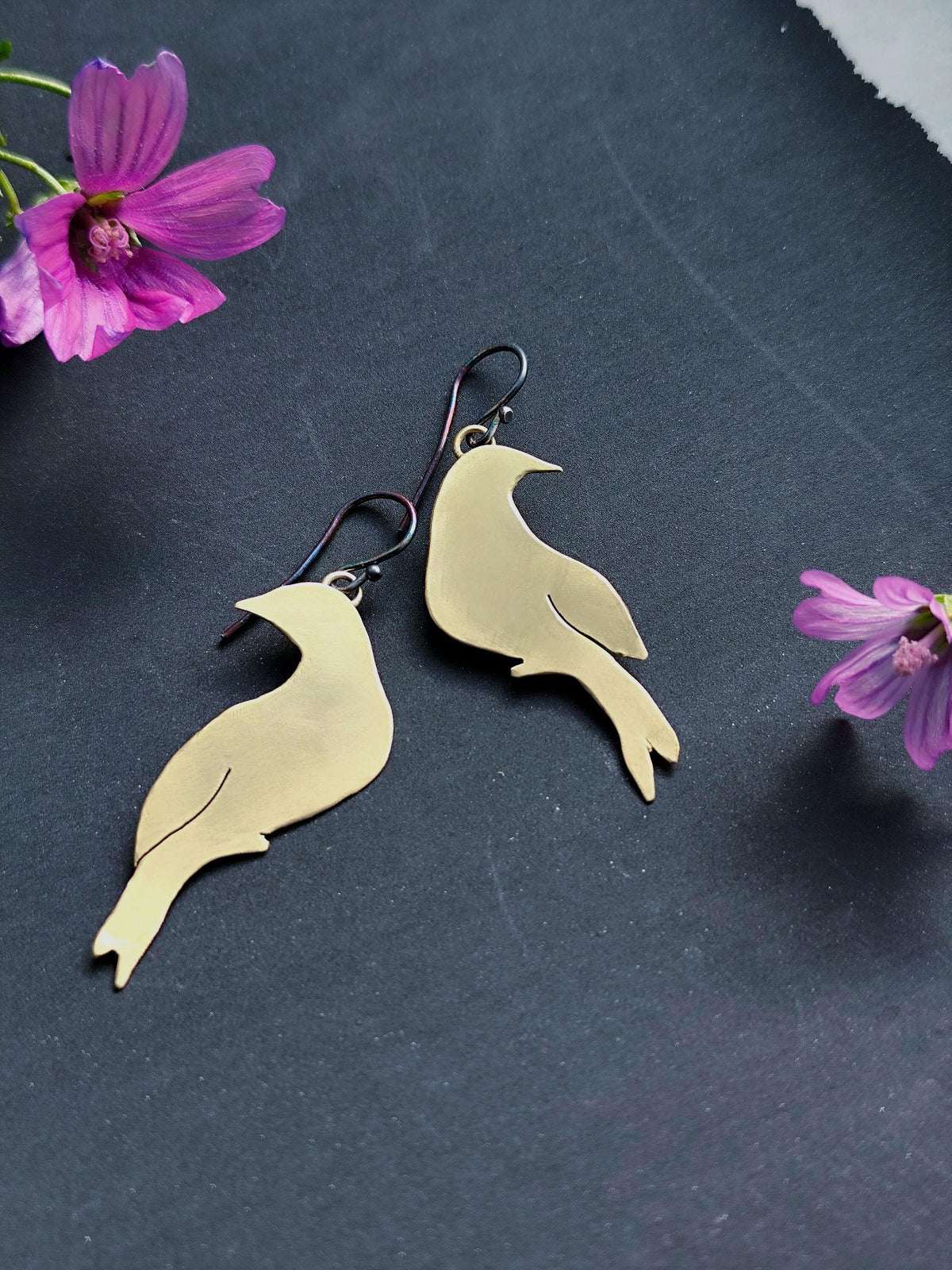 Brass Bird Earrings Mismatched, Lightweight Brass Earrings with Sterling Hooks, Smooth Brass Earrings, Animal Jewelry Pure Golden Brass