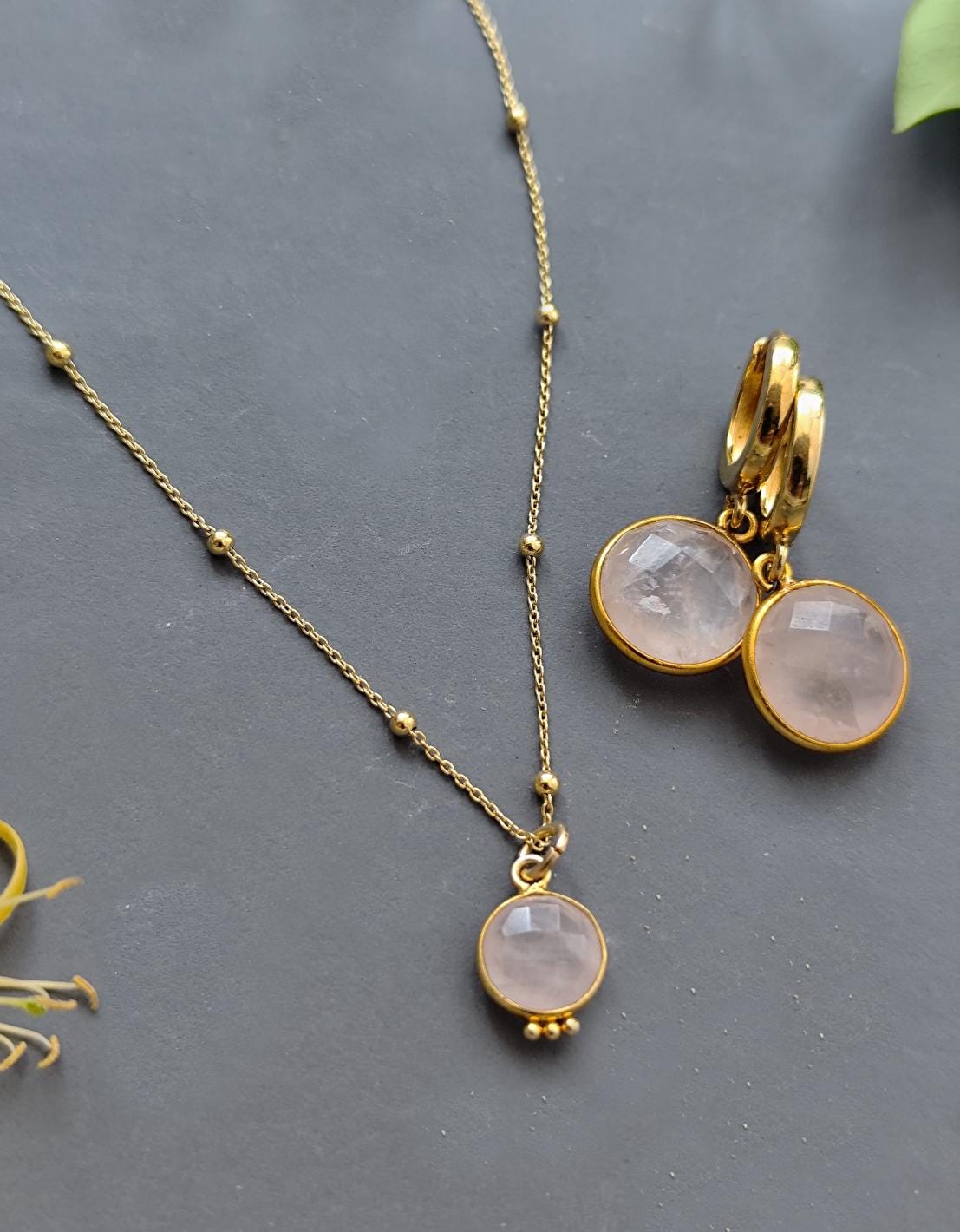 Gold Plated Sterling Earrings Pink Rose Quartz Large Charm