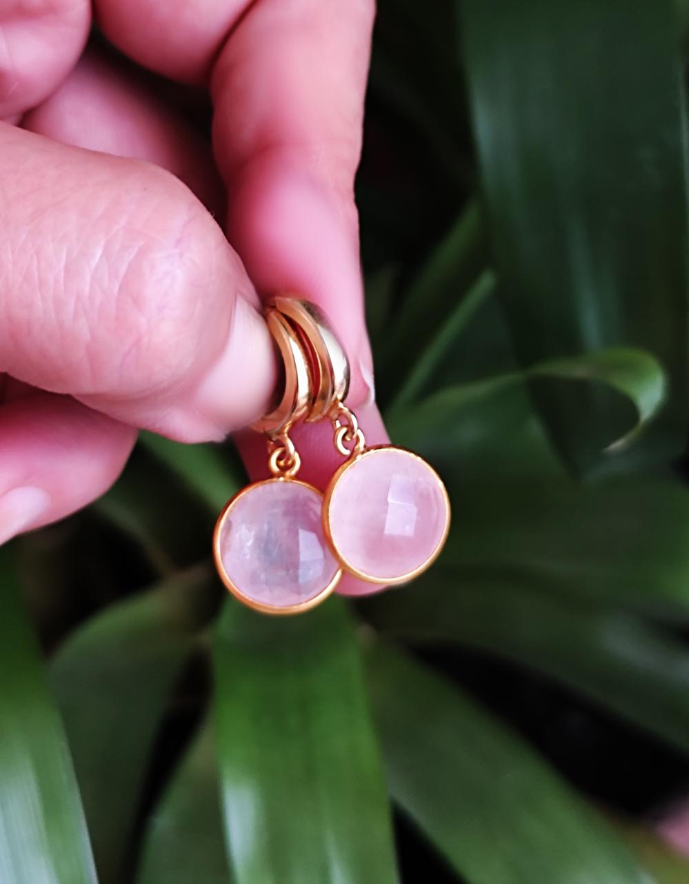 Gold Plated Sterling Earrings Pink Rose Quartz Large Charm