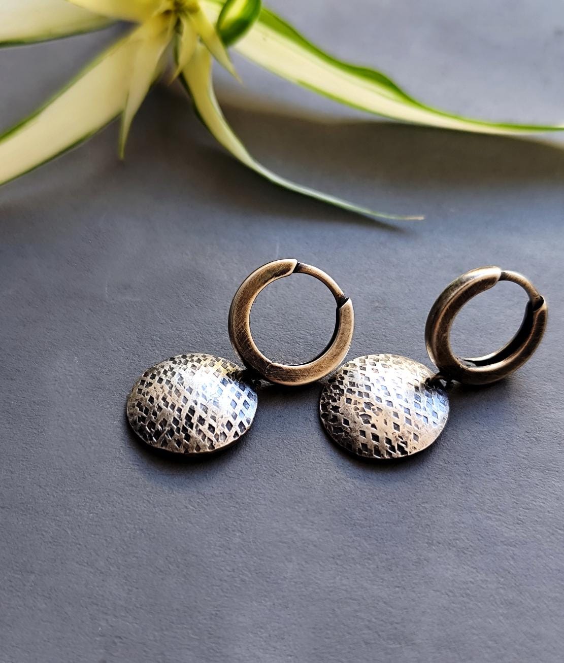 Short Hoop Earrings with Textured Disc Coins