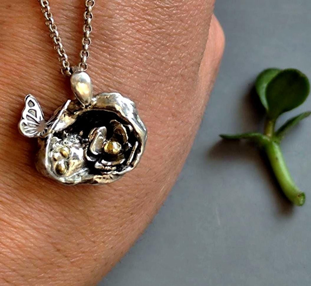 Water Cast Silver Pendant with Butterfly and Flower Cave, Unique Silver Amulet, Organic Pendant Necklace in Sterling Silver, Gift for Her