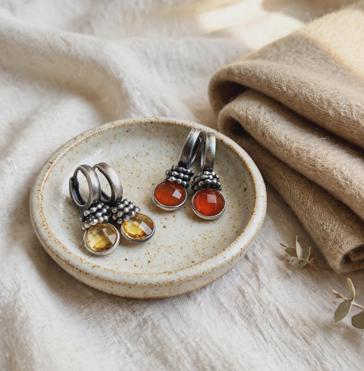 Citrine Hoop Earrings Silver, Small Yellow Charm Earrings