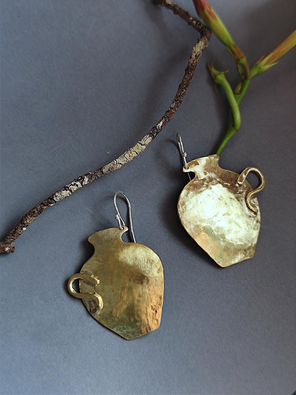 Ancient Vase Earrings in Golden Tone Hammered Brass