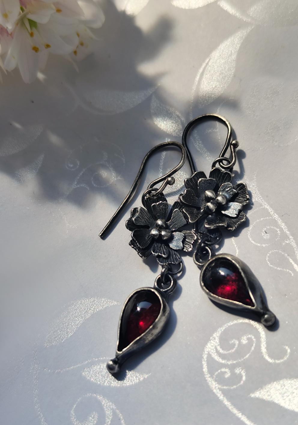 Floral Garnet Drop Earrings in Antiqued Sterling Silver