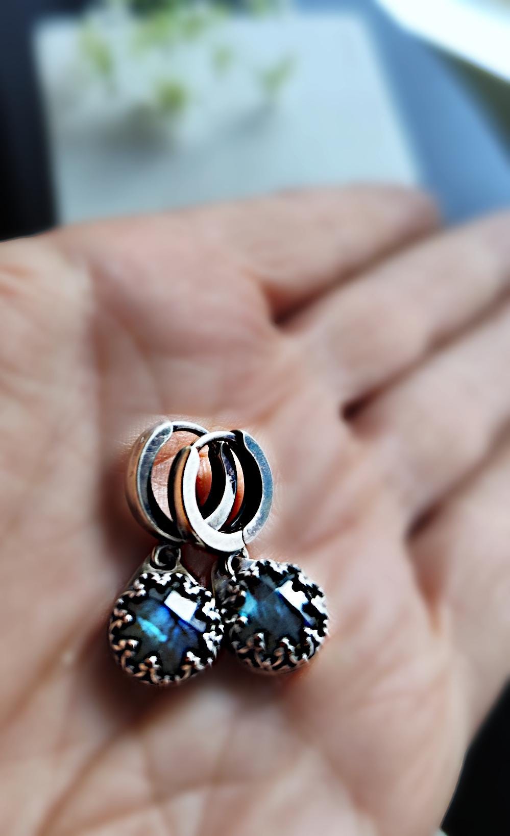 Silver Lace Bezel Labradorite Blue Moon Hoop Earrings