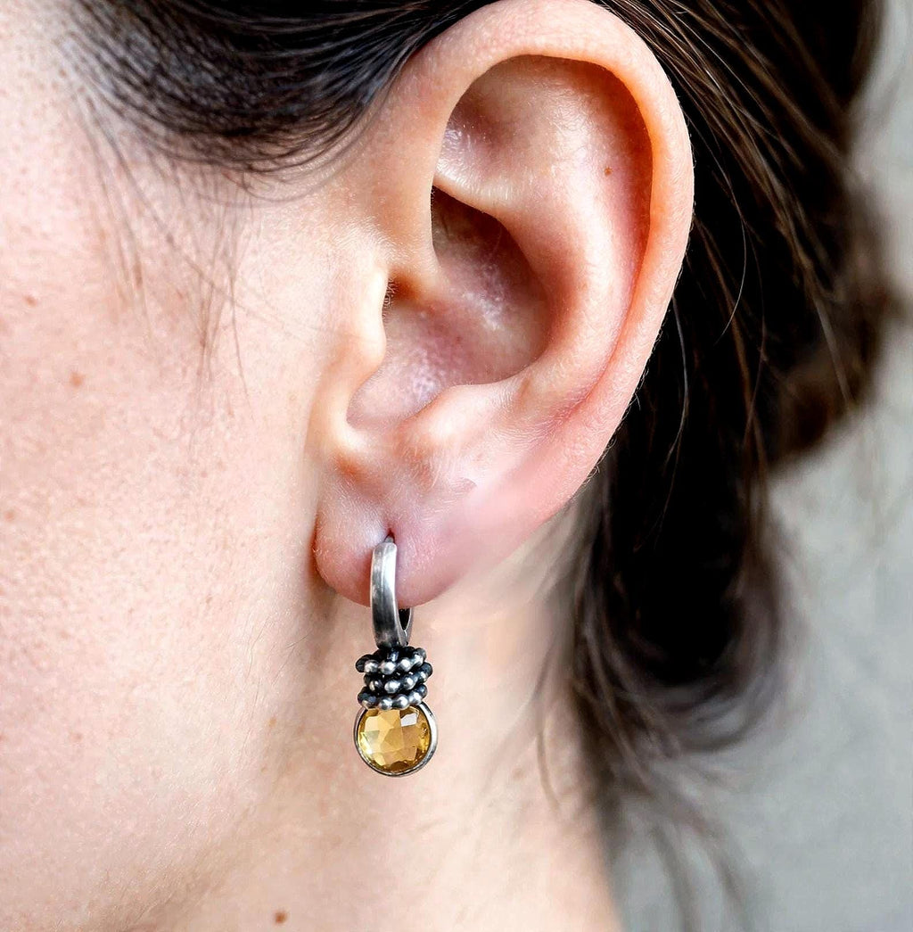 Citrine Hoop Earrings Silver, Small Yellow Charm Earrings