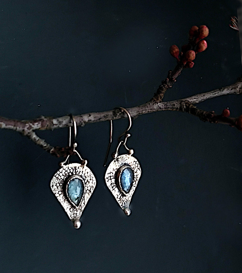 Rustic Blue Kyanite Drop Earrings with Textured Plate
