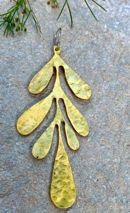 Long Brass Leaf Earrings, Textured Finish Brass Earrings, Brass Dangle Earrings with Sterling Hook/Post, Gold Floral Brass Earrings