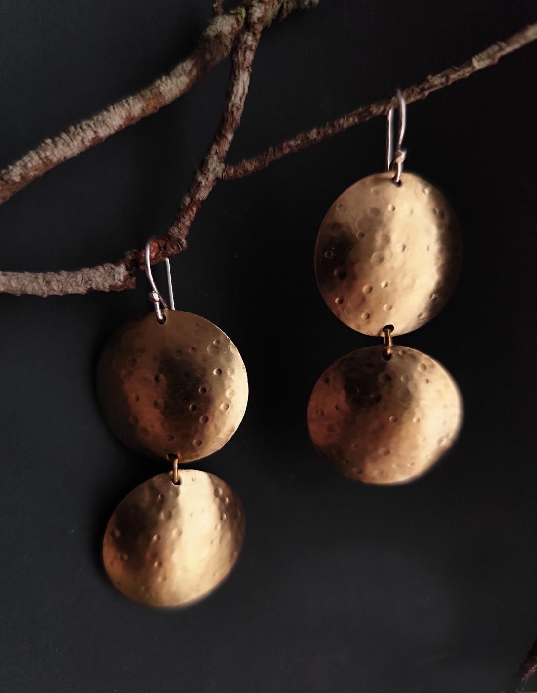 Double Circle Brass Earrings with Silver French Hooks