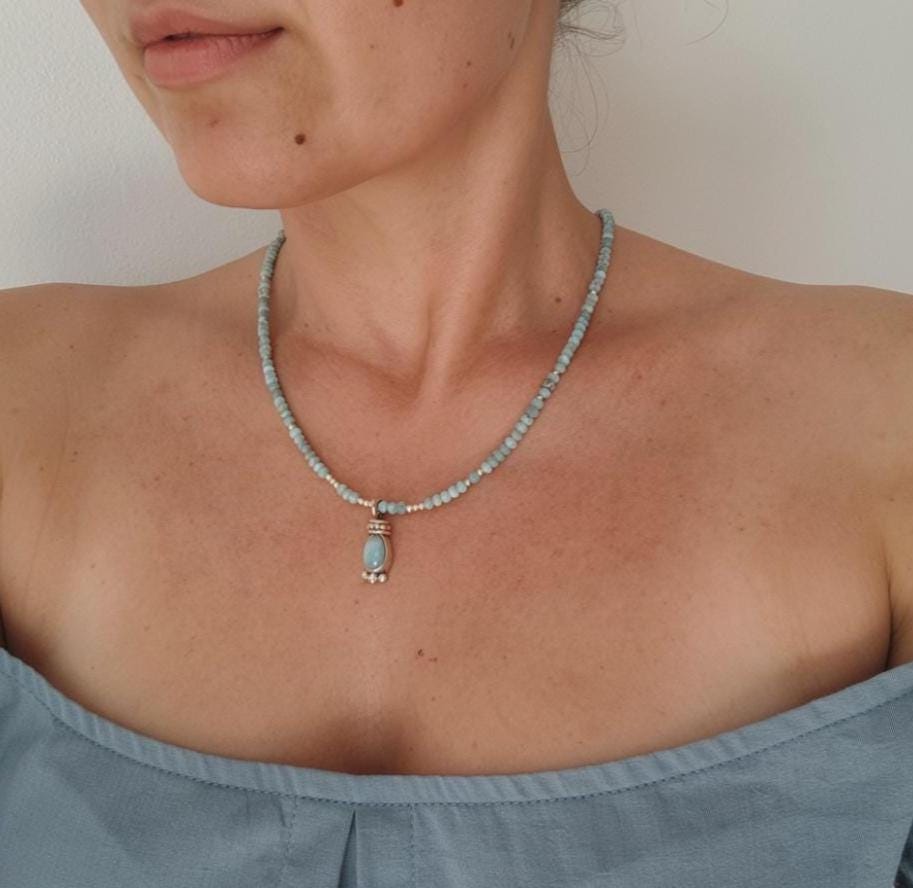 Blue Lagoon Larimar Beaded Necklace with Drop Pendant in Silver