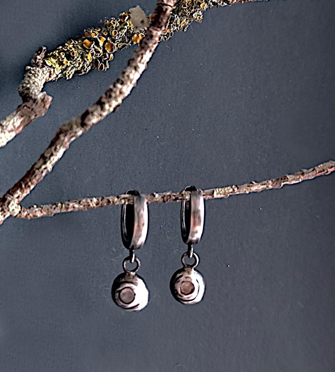 Small Rustic Hoop Earrings with Melted Silver Charm with Clear Zircon